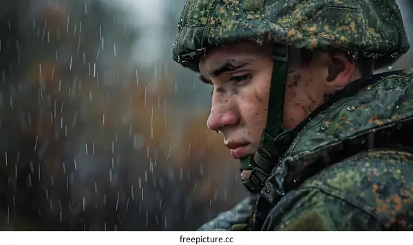 A soldier in a green uniform stands in the rain.