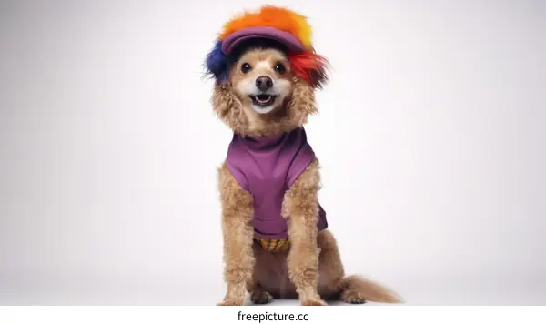 A smiling dog wearing a purple shirt and a rainbow wig