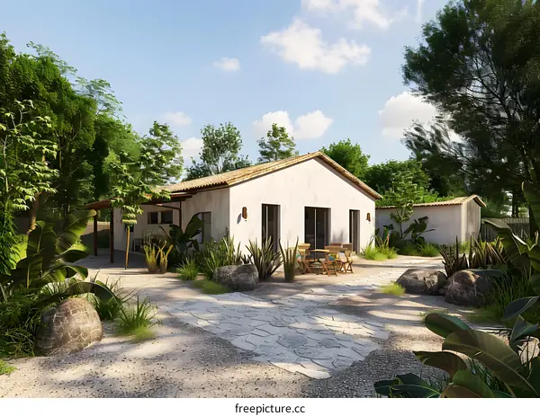 Tropical Modern House with Patio and Lush Greenery