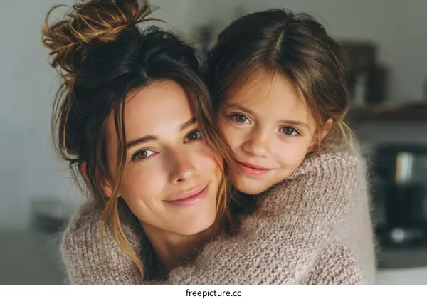 Mother and Daughter Embrace Affectionately
