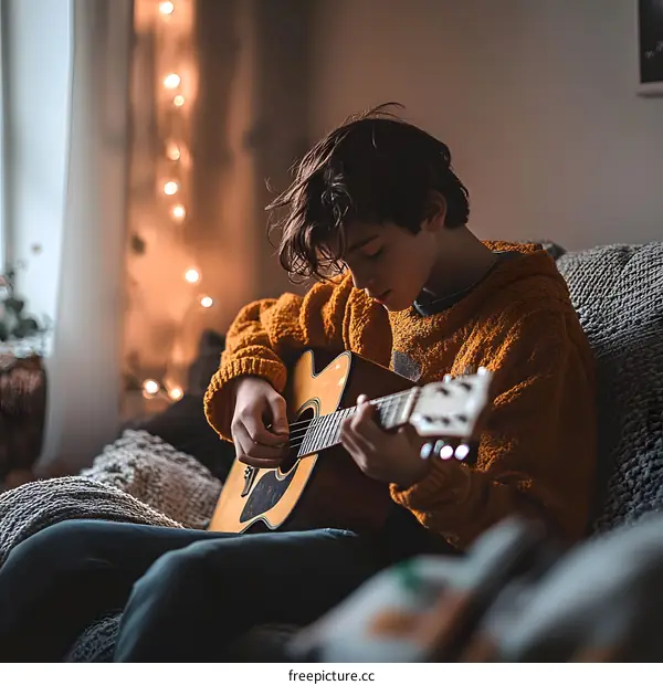 Young Man Playing Acoustic Guitar in Living Room