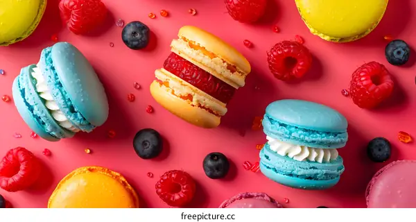 Macarons With Raspberries and Blueberries on Pink Background
