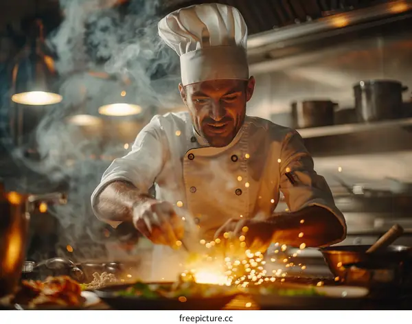 Stir-frying in a professional kitchen