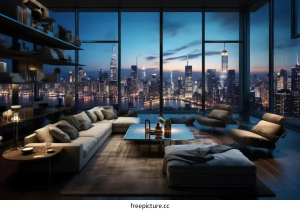 Modern living room interior with amazing city view at night