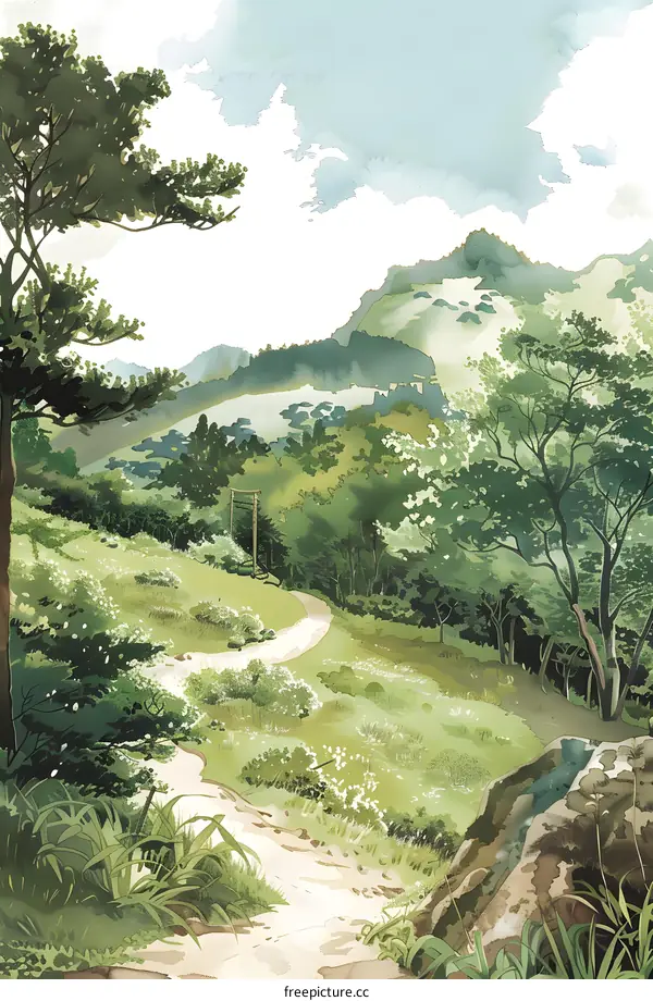 Watercolor Painting of a Winding Path in a Lush Green Forest