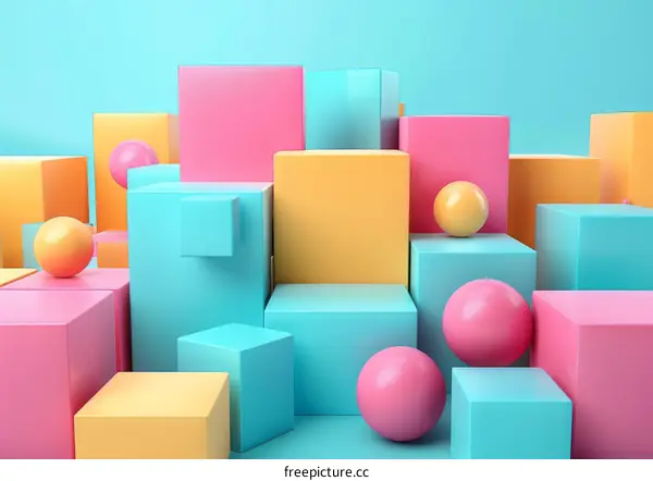 Colorful 3D cubes and spheres composition with a blue background