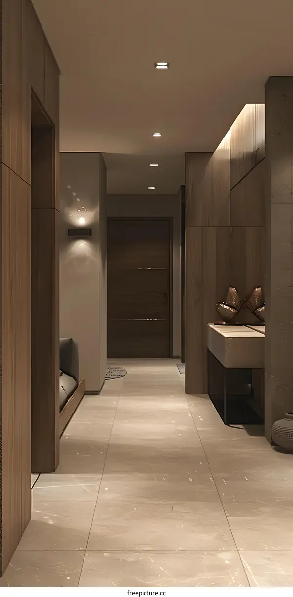 Modern Interior Design Hallway with Wooden Walls and Recessed Lighting