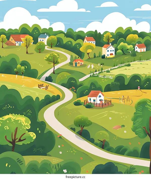 Summer Rural Landscape Illustration With Winding Road and Houses