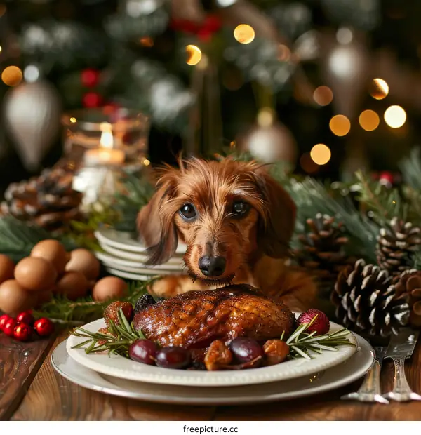 dachshund dog with roasted chicken on plate near Christmas tree