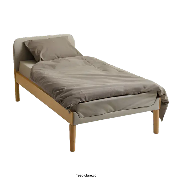 [Transparent Background PNG]Wooden Bed with Gray Bed Linen