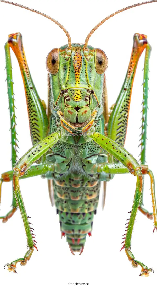 A green and brown katydid on a white background
