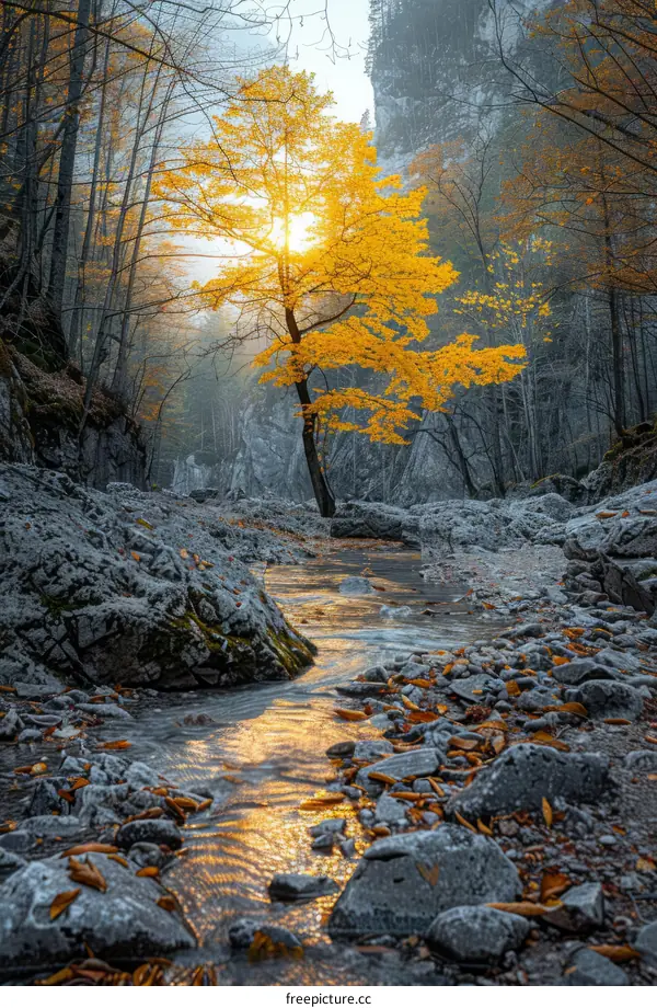 Solitary Tree Standing Tall in Rocky Autumn River