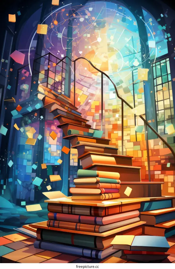 Books, Staircase, Library, Illustration, Colorful