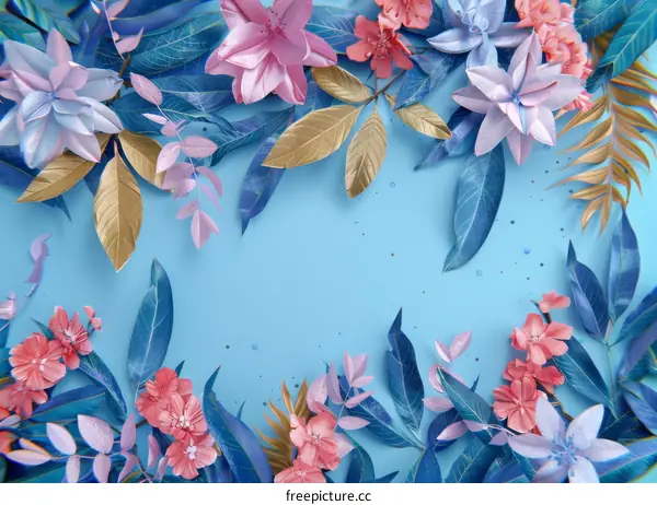 Pink, gold, and blue flowers and leaves on blue background
