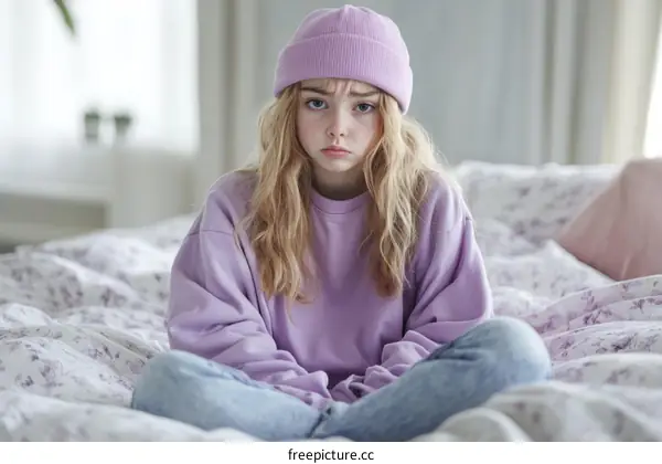Teenage Girl in Purple Outfit Sitting on a Bed