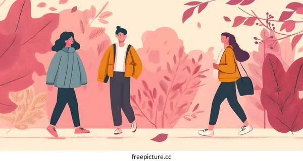 Three Friends Walking in Autumn Forest