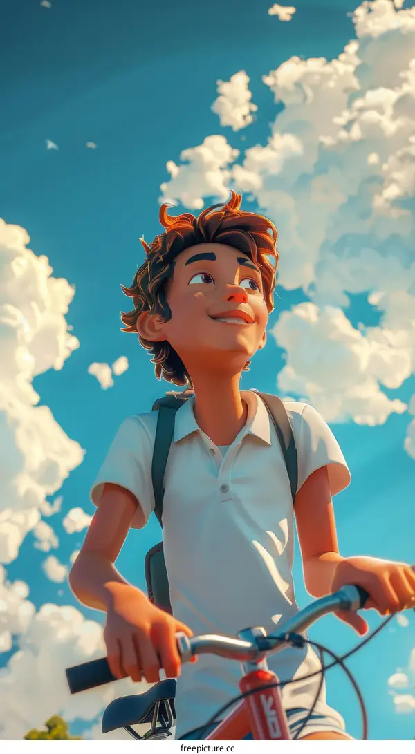 boy riding bike smiling looking up at the sky