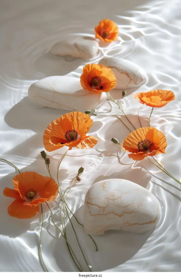 Orange poppies and white stones floating on a water surface