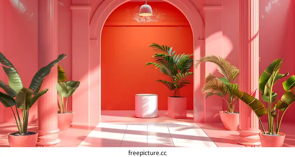 Pink Minimalist 3D Rendered Room Interior Design with Plants