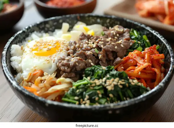 Korean Rice Bowl with Bibimbap, Beef, Egg, and Vegetables