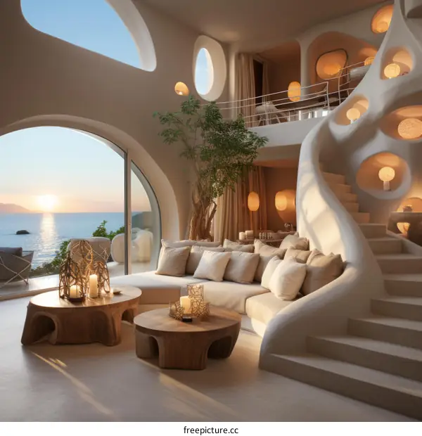 Futuristic interior design living room with curved walls and staircase