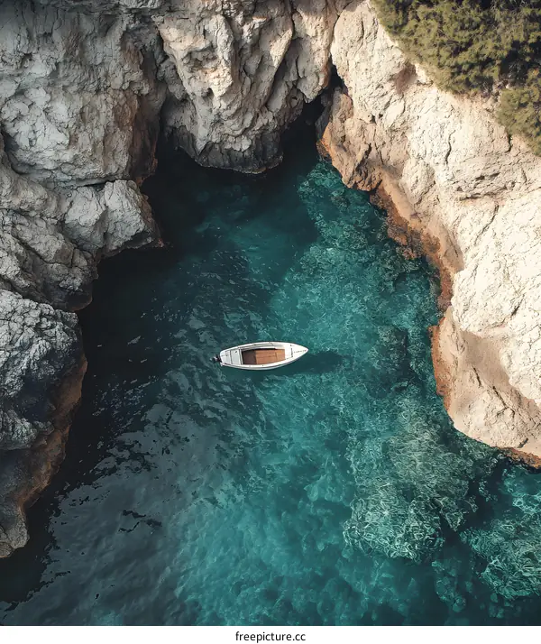 Aerial View of a Boat in a Cove Between Cliffs