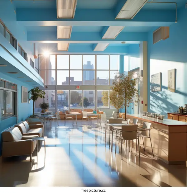 Blue modern interior of a hospital waiting room with large windows