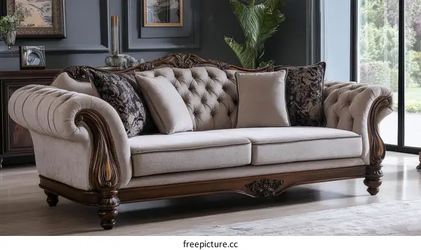 Classic Beige Sofa with Exquisite Carvings