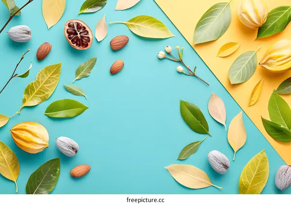 Autumn Leaves and Almonds on a Blue and Yellow Background