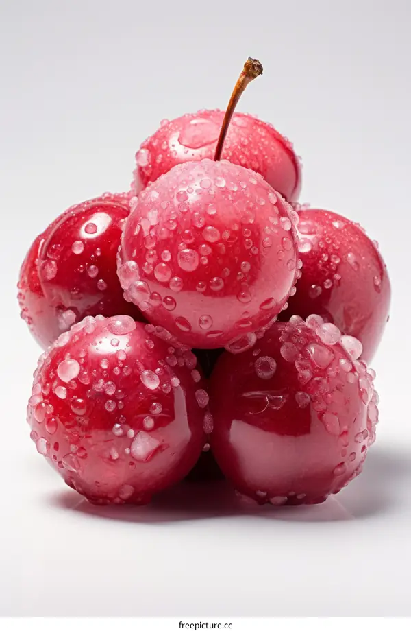 Red Cherries with Water Droplets on a White Background