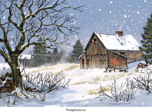 Snowy Winter Scene With Old Barn and Tree