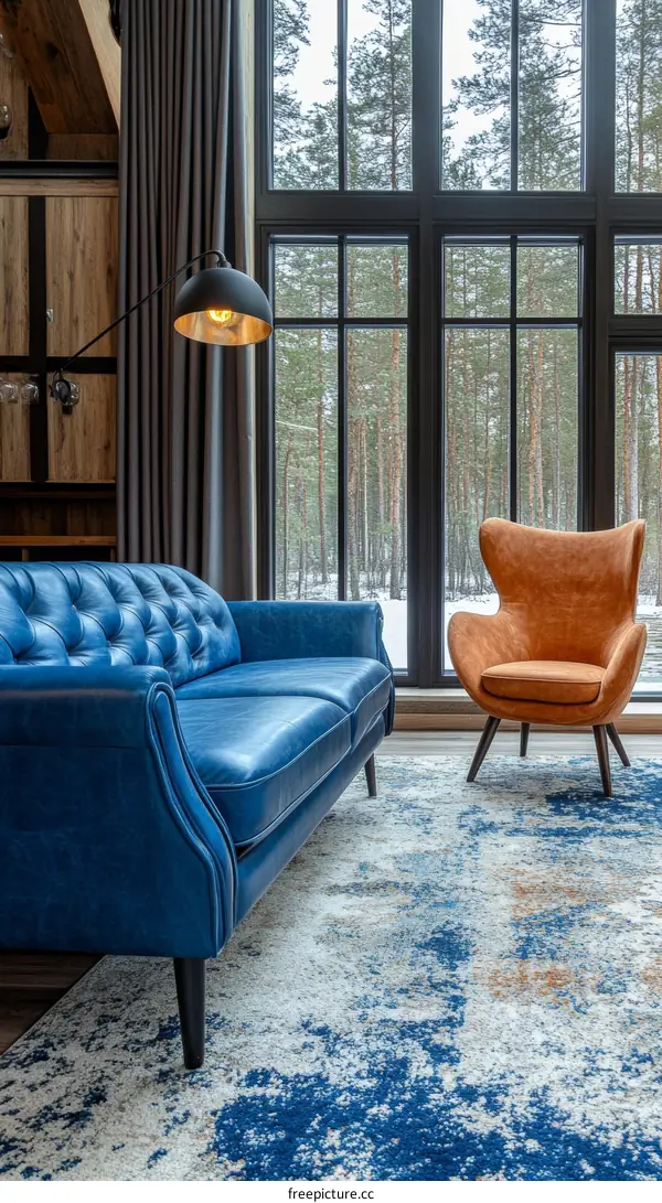 Modern Living Room with Blue Sofa and Scenic Window