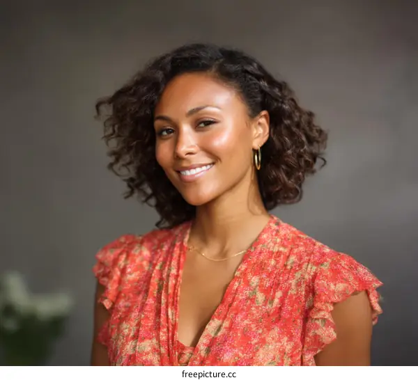 Portrait of a young woman with curly hair in a floral dress