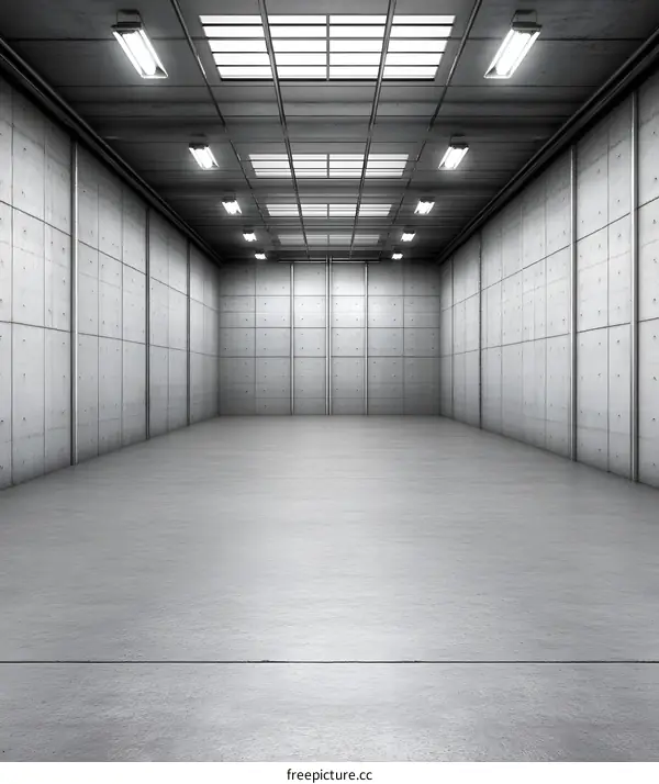 Empty Concrete Warehouse with Fluorescent Lights