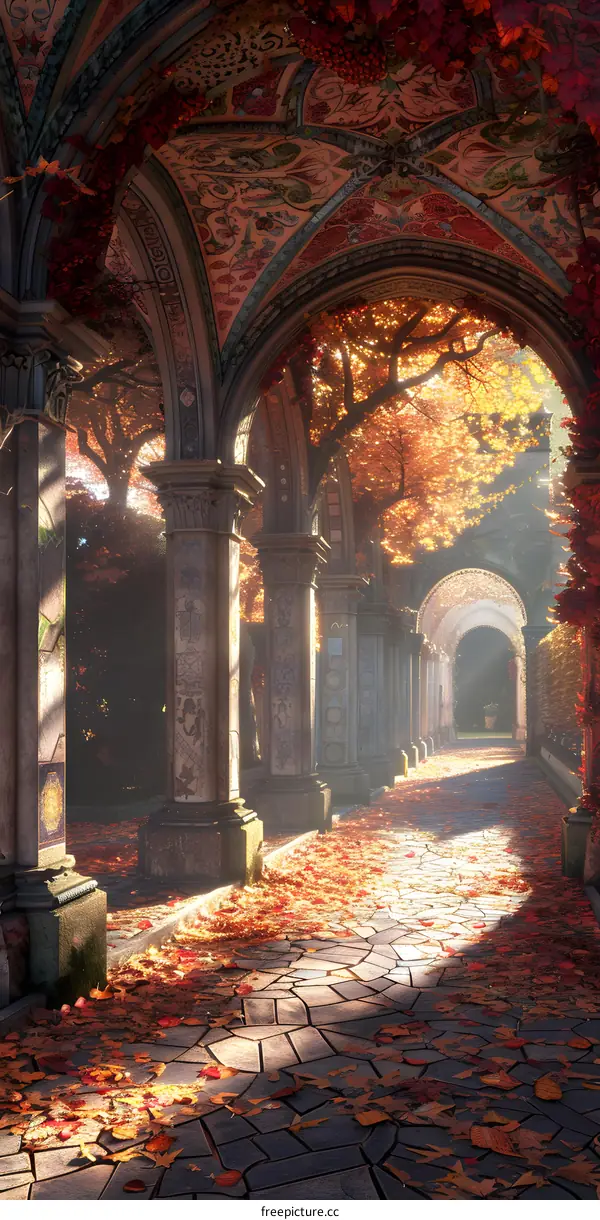 Autumn Pathway Through Archway With Stone Columns