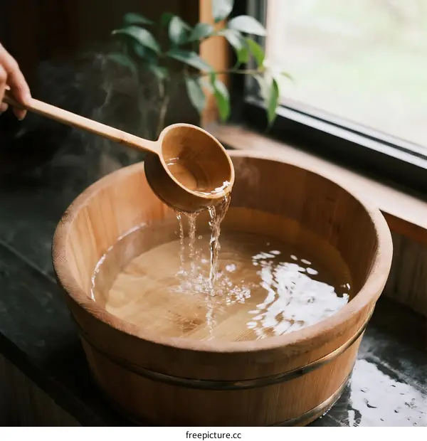 Warm Wooden Bucket with Water Being Poured by Wooden Ladle