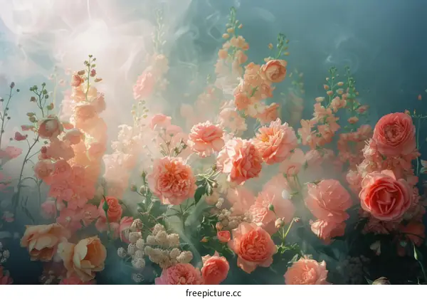 Ethereal Peach Roses and Delphiniums in Soft Light