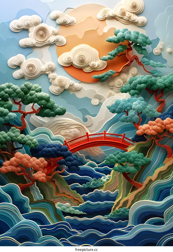 Paper Cut Art Landscape with Bridge and Sunset