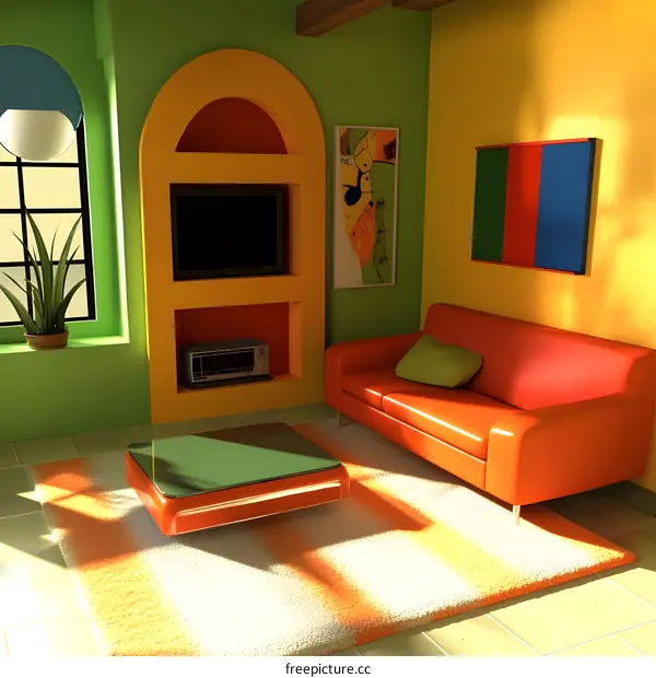 Modern Living Room Interior Design with Colorful Walls and Furniture