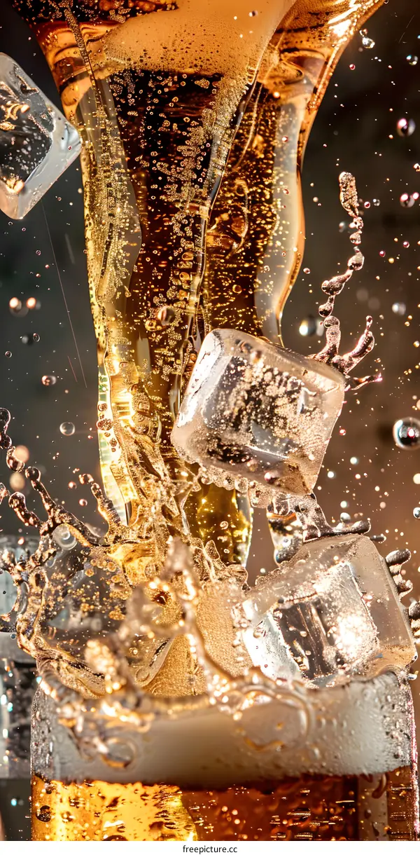 Ice Cubes Splashing Into a Glass of Beer