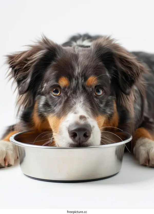 A cute Australian Shepherd dog staring at an empty bowl