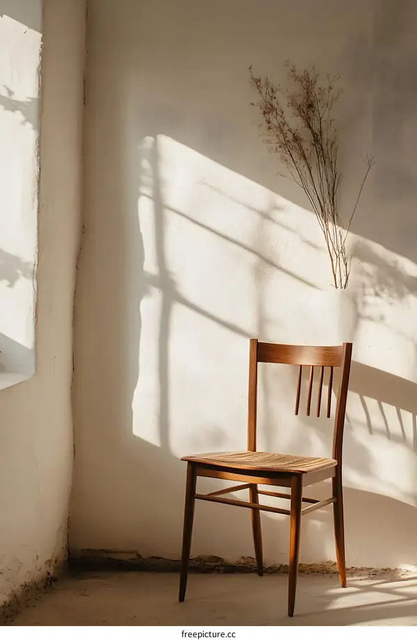 Wooden Chair in a White Room with Sunlight