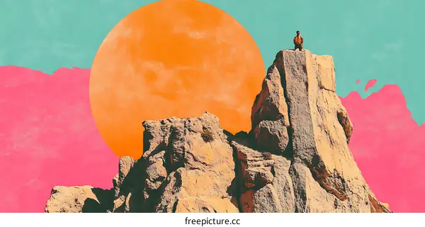Man Standing on a Mountain Peak with a Big Orange Sun in the Background