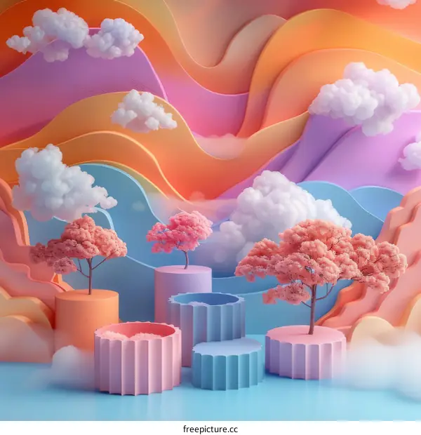 Colorful Artistic 3D Scene with Pastel Trees and Clouds