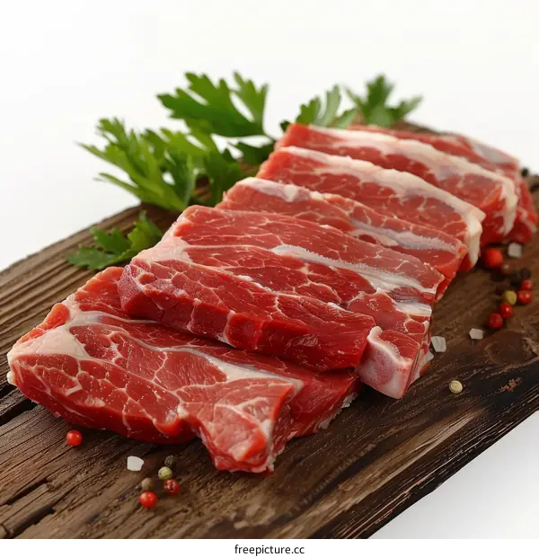 Raw Beef Steak with Spices and Herbs on Wooden Cutting Board