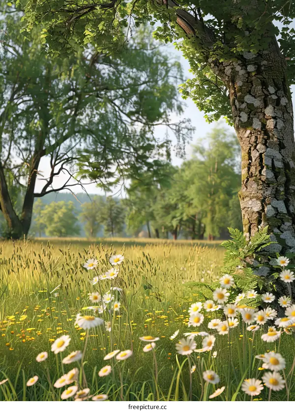 The daisies are blooming in the meadow.