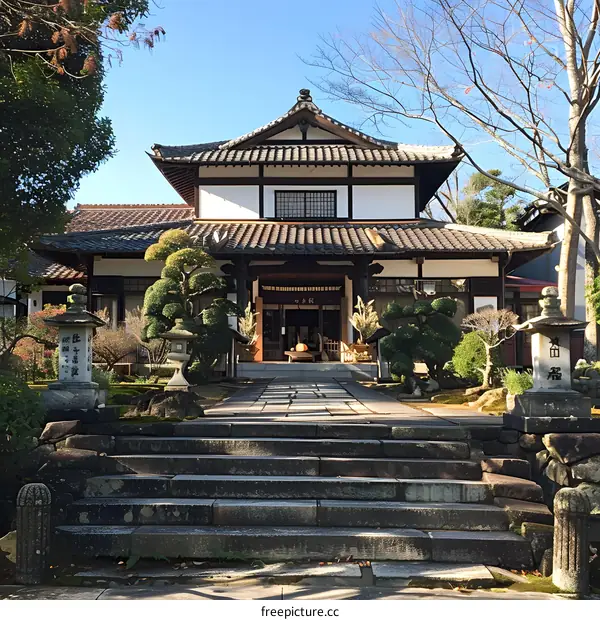 Japanese temple with stone steps leading up to the entrance