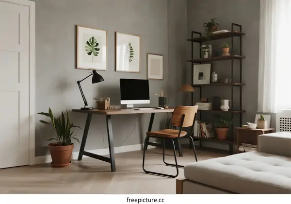 Modern and cozy home office with plants and neutral decor