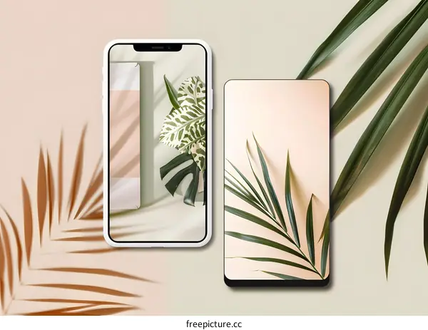 Two Smartphones With Minimalist Tropical Plant Design