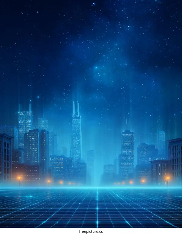 Futuristic Cityscape at Night with Neon Grid